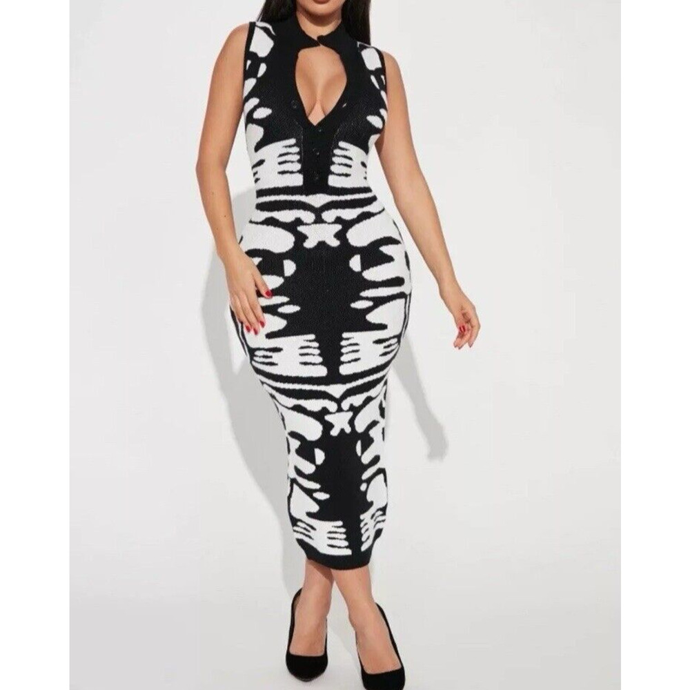 HALFHEART‎ Black White Skeleton Print Sleeveless Mock Neck Bodycon Midi Dress L